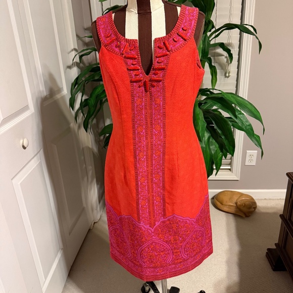 Kay Unger Dress Womens 8 Orange Sleeveless Sheath Embellished Textured Party - Picture 1 of 12